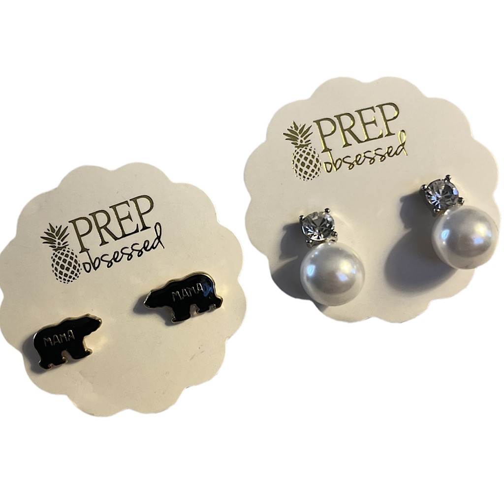 Prep Obsessed Earrings Mama Bear And Pearl Stud Earrings Nwt